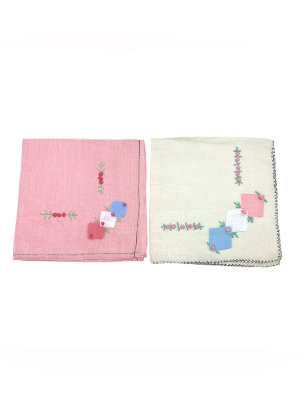 Vintage Hand Embroidered Handkerchiefs Set of Two‎ Floral Patchwork 10 x 10